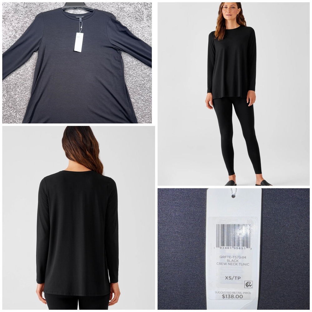 Eileen Fisher Crew Neck Tunic Womens Long Sleeve Stretch Black Size XS NEW $138